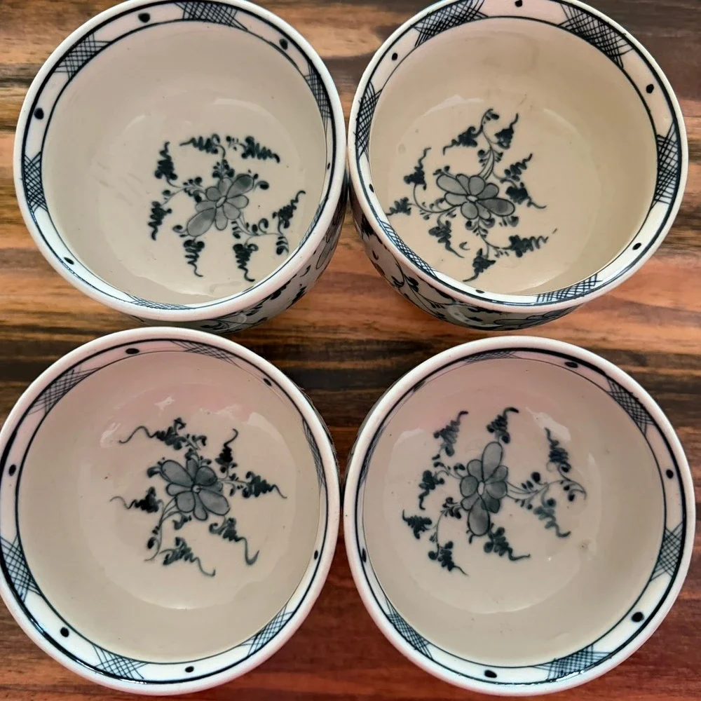 Footed Bowls 3.5in Blue White‎ Floral Ceramic Set of 4